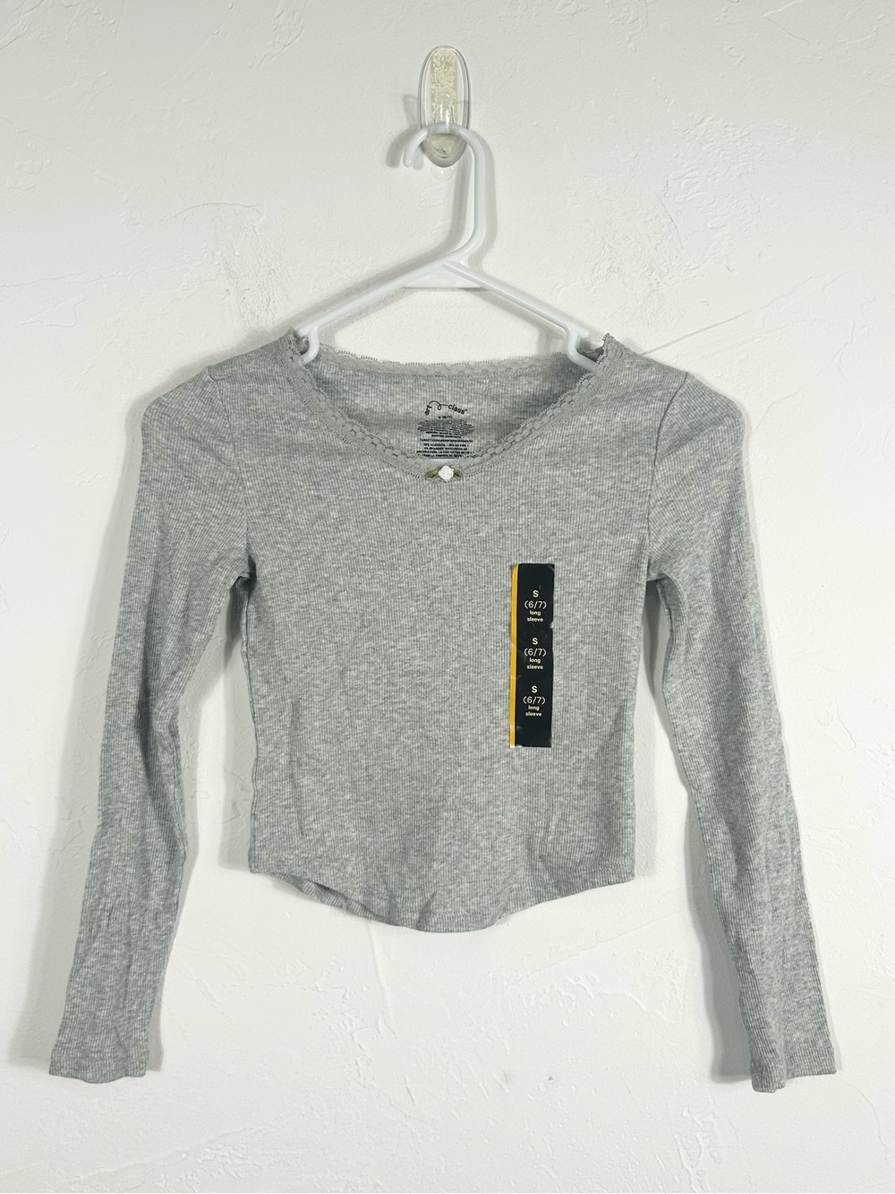 Art Class Girls Heather Gray Ribbed Lace Trim Long Sleeve Top Size S (6/7) NWT
